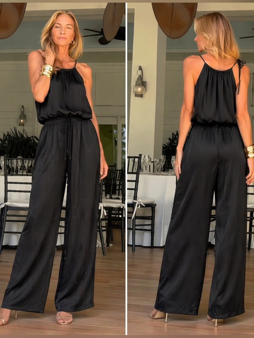 Ramona LaRue Miami silk halter jumpsuit wide leg drawstring waist black L / XL